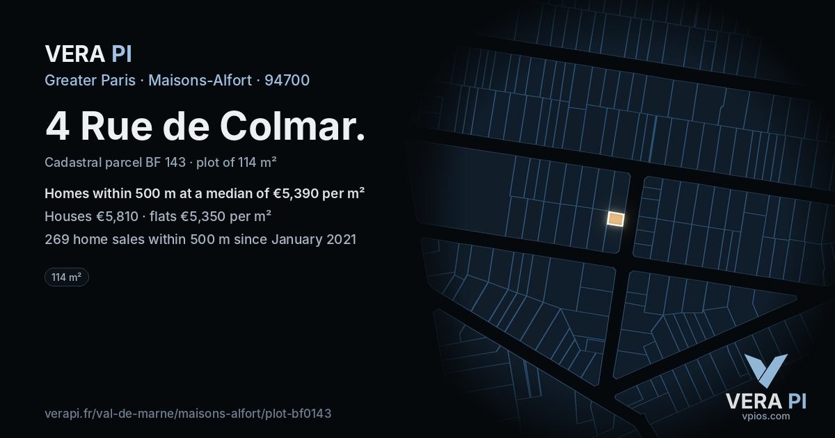 4 Rue de Colmar, Maisons-Alfort at night – the plot lit, the parcels around coloured by the prices near them