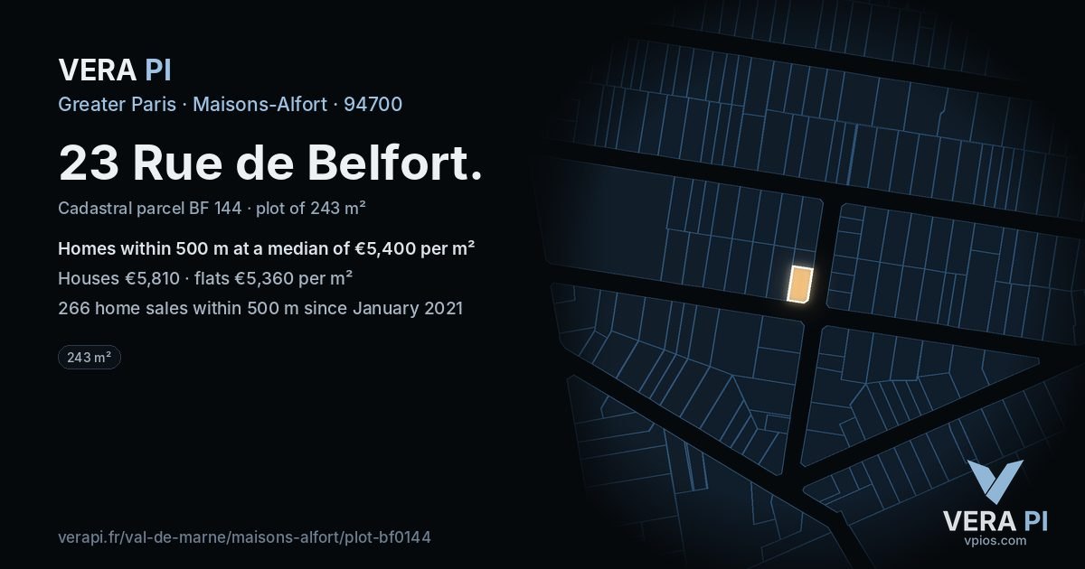 23 Rue de Belfort, Maisons-Alfort at night – the plot lit, the parcels around coloured by the prices near them
