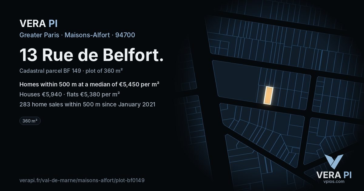 13 Rue de Belfort, Maisons-Alfort at night – the plot lit, the parcels around coloured by the prices near them