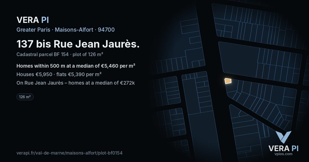 137 bis Rue Jean Jaurès, Maisons-Alfort at night – the plot lit, the parcels around coloured by the prices near them