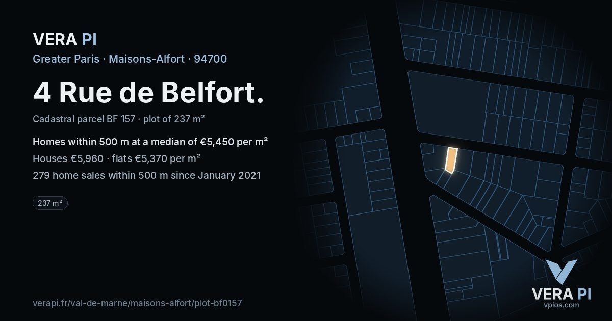 4 Rue de Belfort, Maisons-Alfort at night – the plot lit, the parcels around coloured by the prices near them