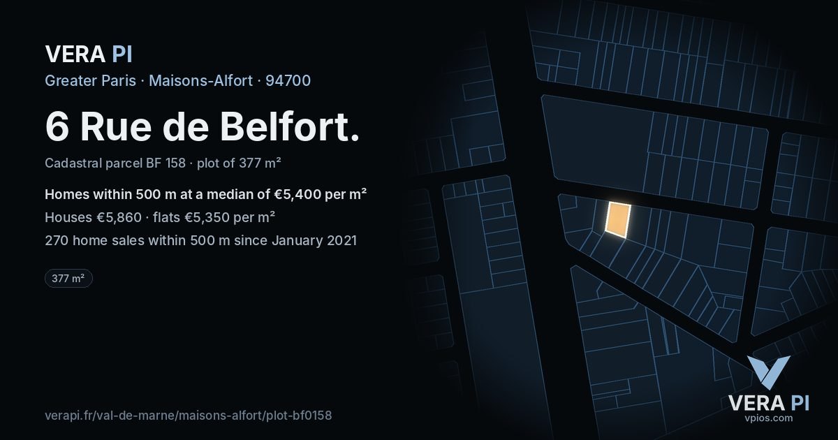 6 Rue de Belfort, Maisons-Alfort at night – the plot lit, the parcels around coloured by the prices near them