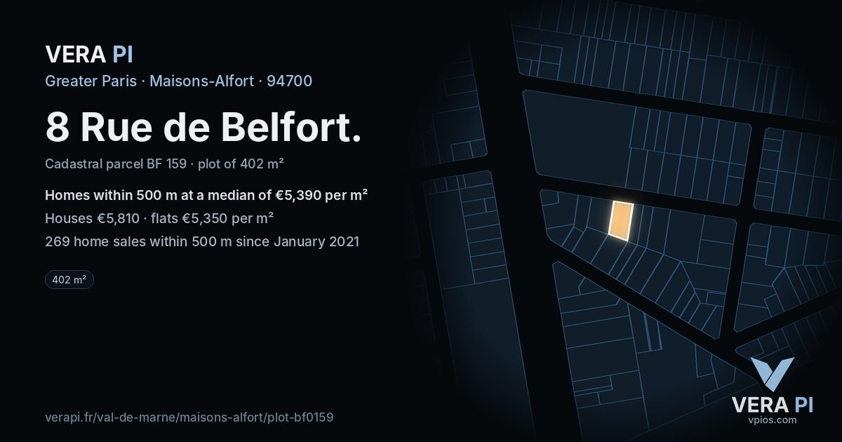 8 Rue de Belfort, Maisons-Alfort at night – the plot lit, the parcels around coloured by the prices near them