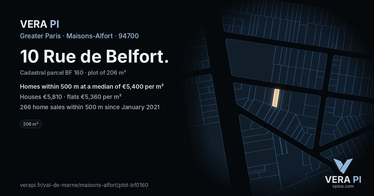 10 Rue de Belfort, Maisons-Alfort at night – the plot lit, the parcels around coloured by the prices near them