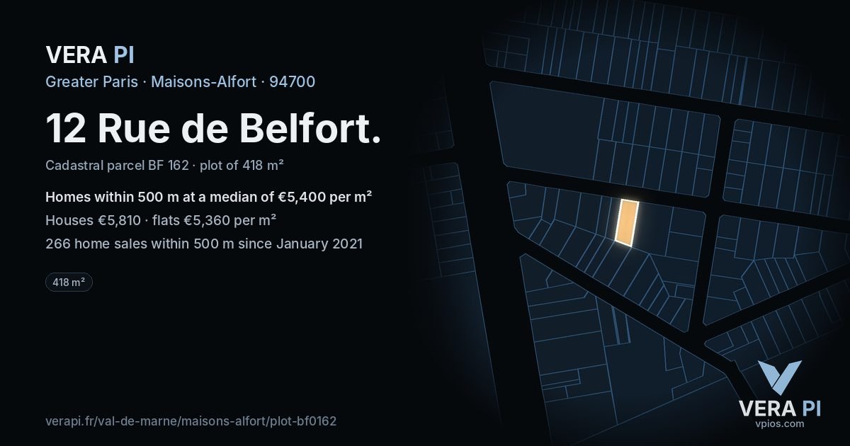 12 Rue de Belfort, Maisons-Alfort at night – the plot lit, the parcels around coloured by the prices near them