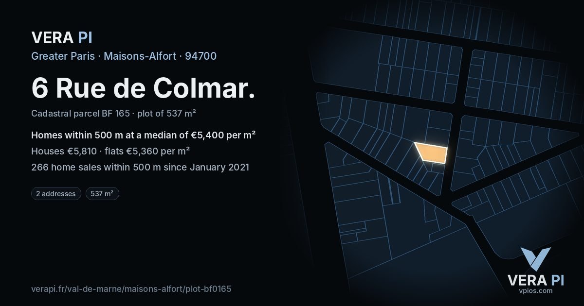 6 Rue de Colmar, Maisons-Alfort at night – the plot lit, the parcels around coloured by the prices near them