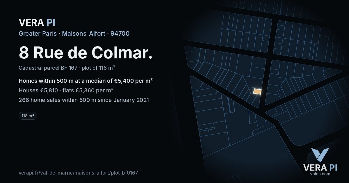 8 Rue de Colmar, Maisons-Alfort at night – the plot lit, the parcels around coloured by the prices near them
