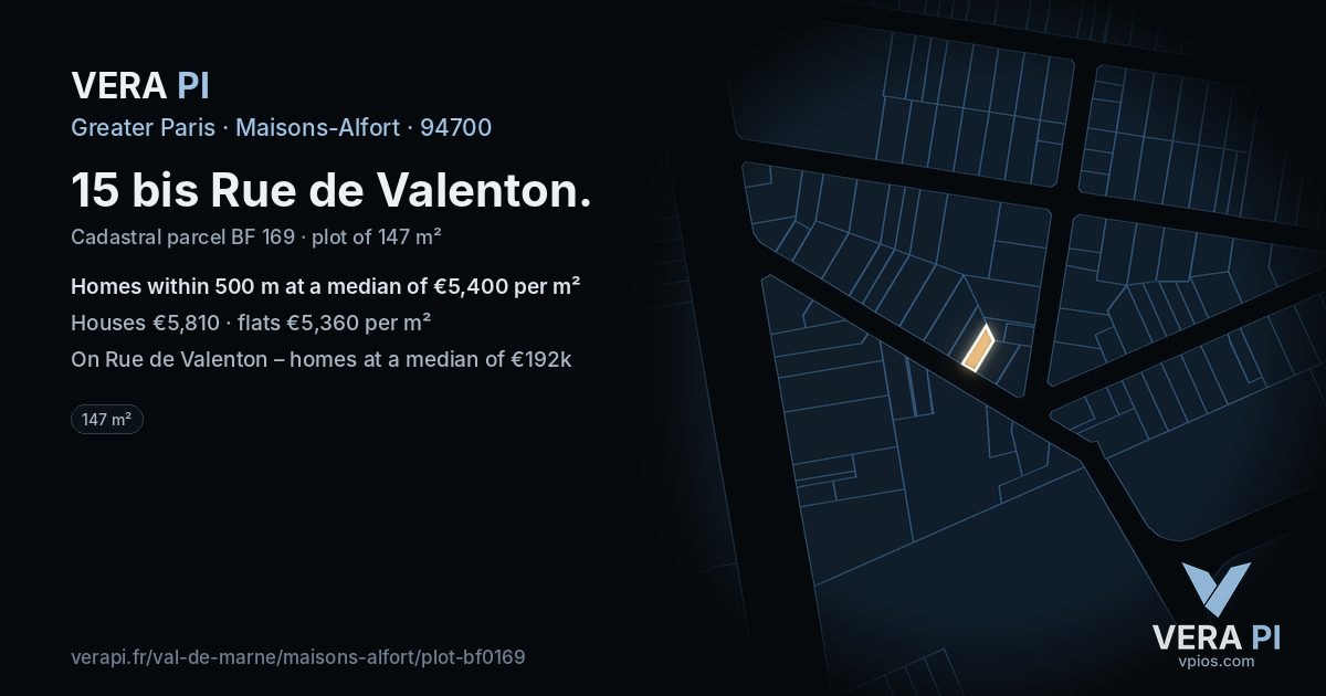 15 bis Rue de Valenton, Maisons-Alfort at night – the plot lit, the parcels around coloured by the prices near them