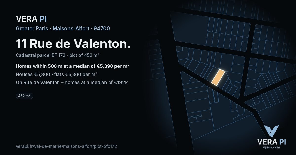 11 Rue de Valenton, Maisons-Alfort at night – the plot lit, the parcels around coloured by the prices near them