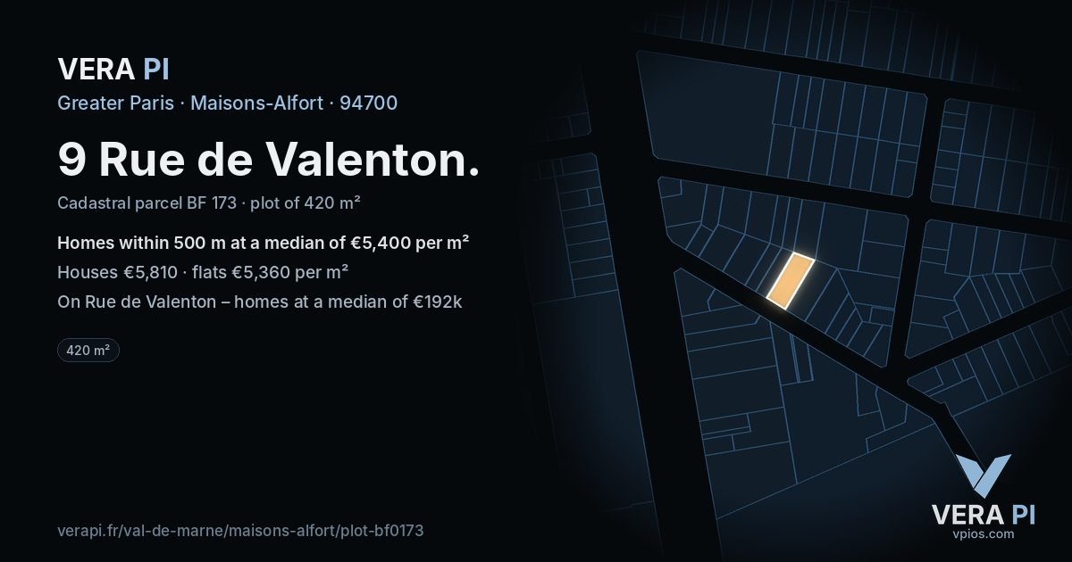 9 Rue de Valenton, Maisons-Alfort at night – the plot lit, the parcels around coloured by the prices near them