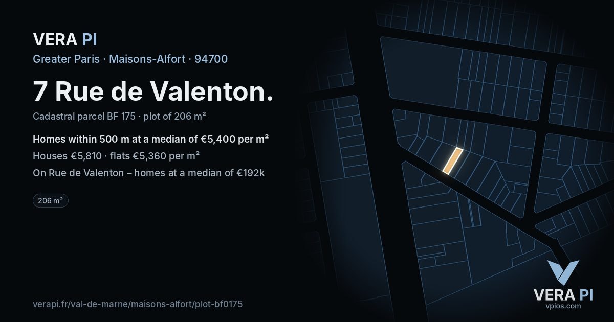 7 Rue de Valenton, Maisons-Alfort at night – the plot lit, the parcels around coloured by the prices near them