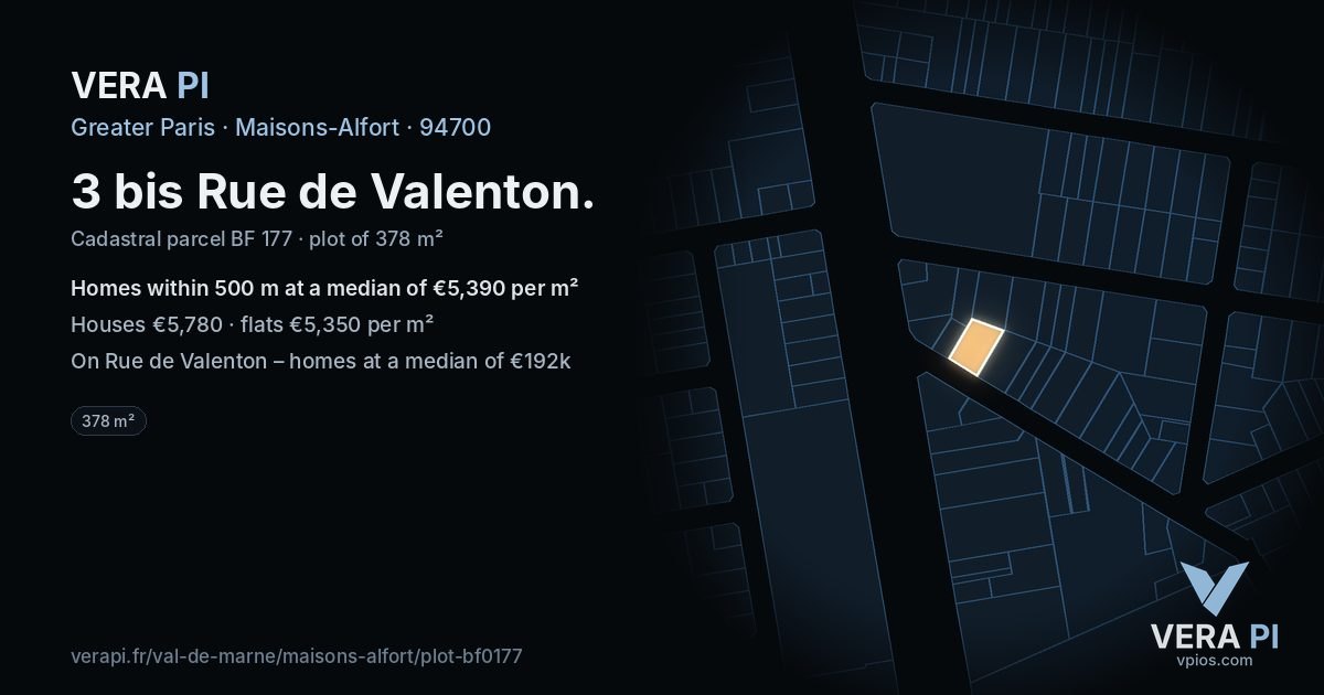 3 bis Rue de Valenton, Maisons-Alfort at night – the plot lit, the parcels around coloured by the prices near them