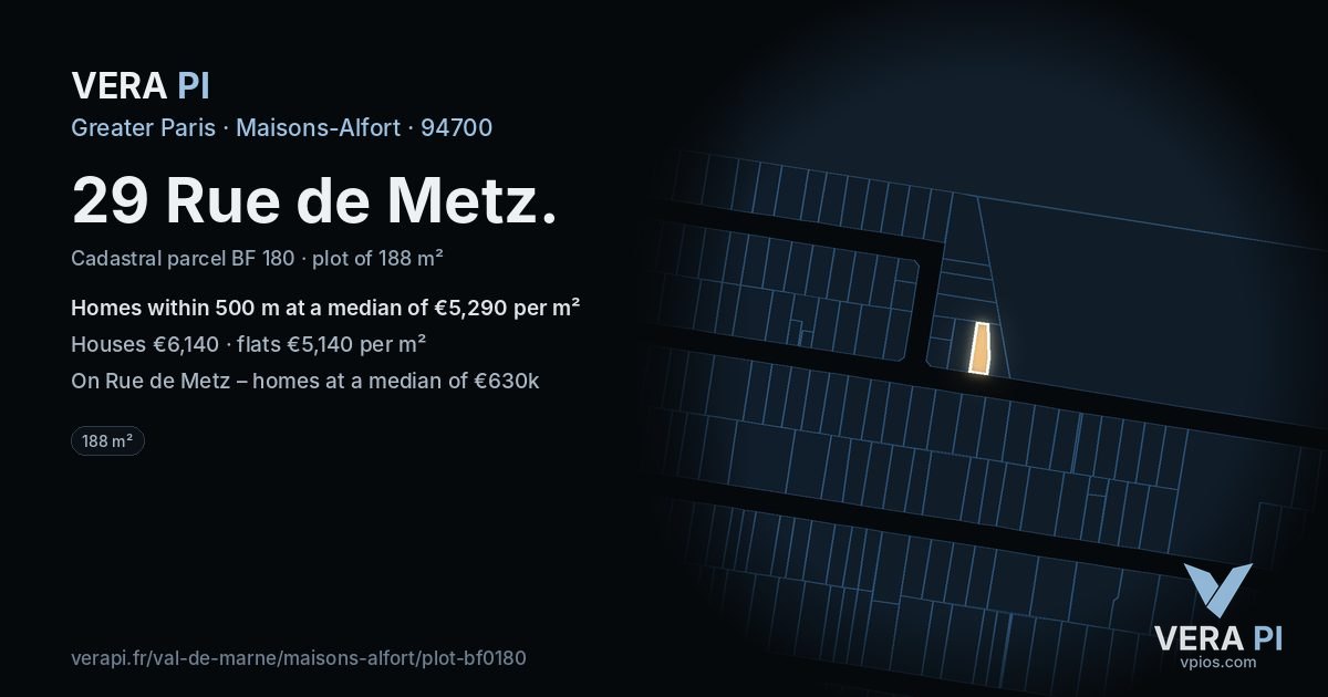 29 Rue de Metz, Maisons-Alfort at night – the plot lit, the parcels around coloured by the prices near them
