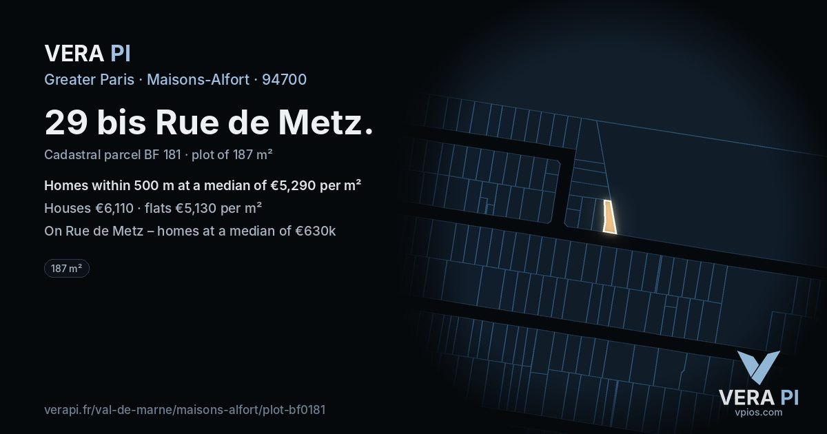 29 bis Rue de Metz, Maisons-Alfort at night – the plot lit, the parcels around coloured by the prices near them
