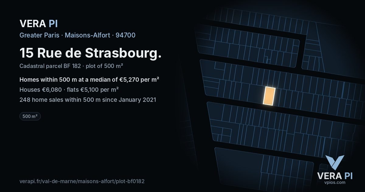 15 Rue de Strasbourg, Maisons-Alfort at night – the plot lit, the parcels around coloured by the prices near them