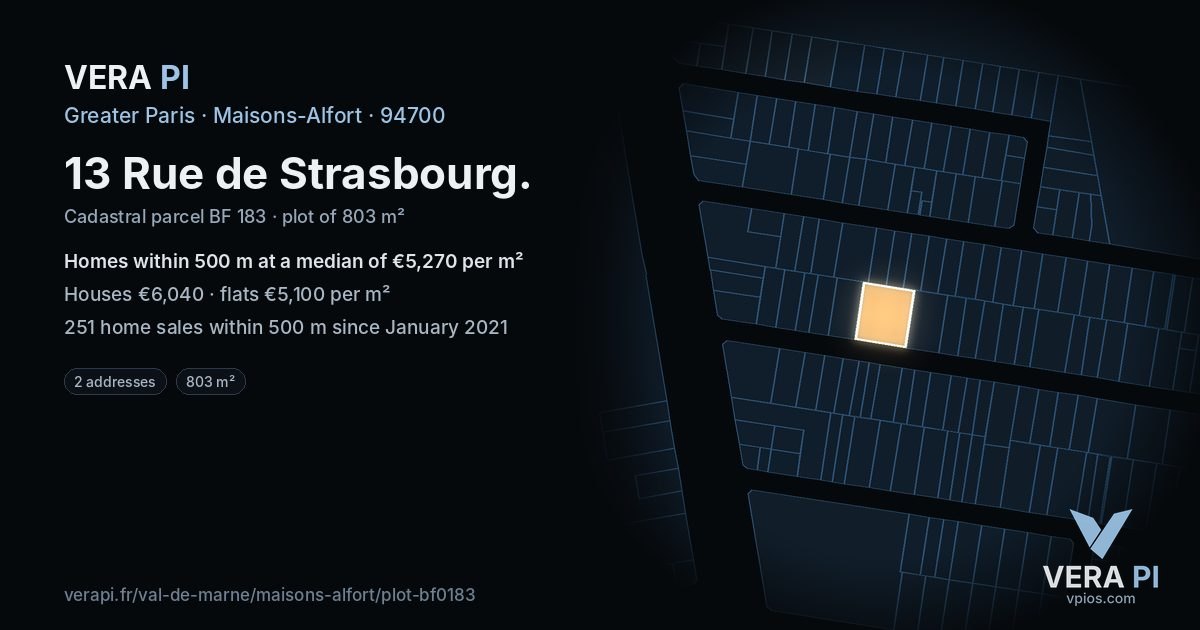 13 Rue de Strasbourg, Maisons-Alfort at night – the plot lit, the parcels around coloured by the prices near them