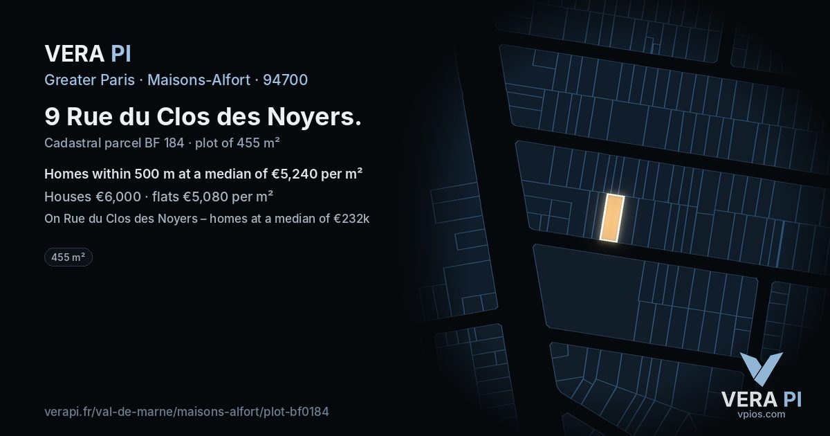 9 Rue du Clos des Noyers, Maisons-Alfort at night – the plot lit, the parcels around coloured by the prices near them