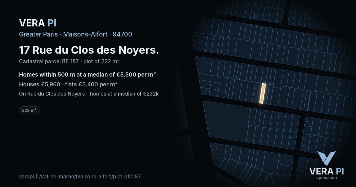 17 Rue du Clos des Noyers, Maisons-Alfort at night – the plot lit, the parcels around coloured by the prices near them