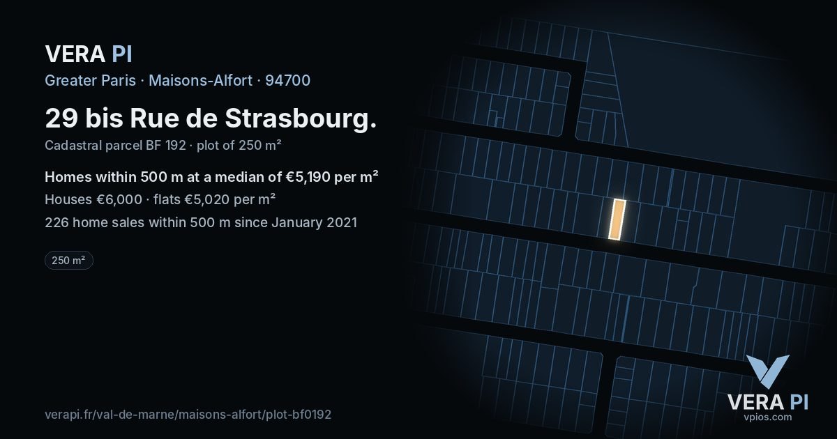 29 bis Rue de Strasbourg, Maisons-Alfort at night – the plot lit, the parcels around coloured by the prices near them