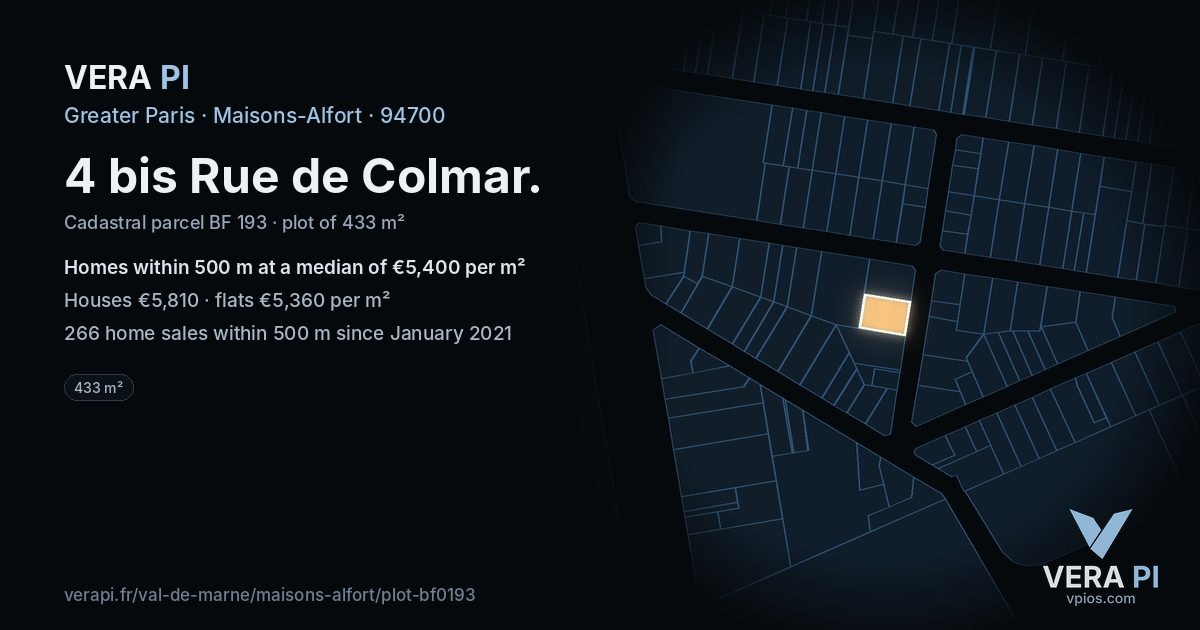 4 bis Rue de Colmar, Maisons-Alfort at night – the plot lit, the parcels around coloured by the prices near them