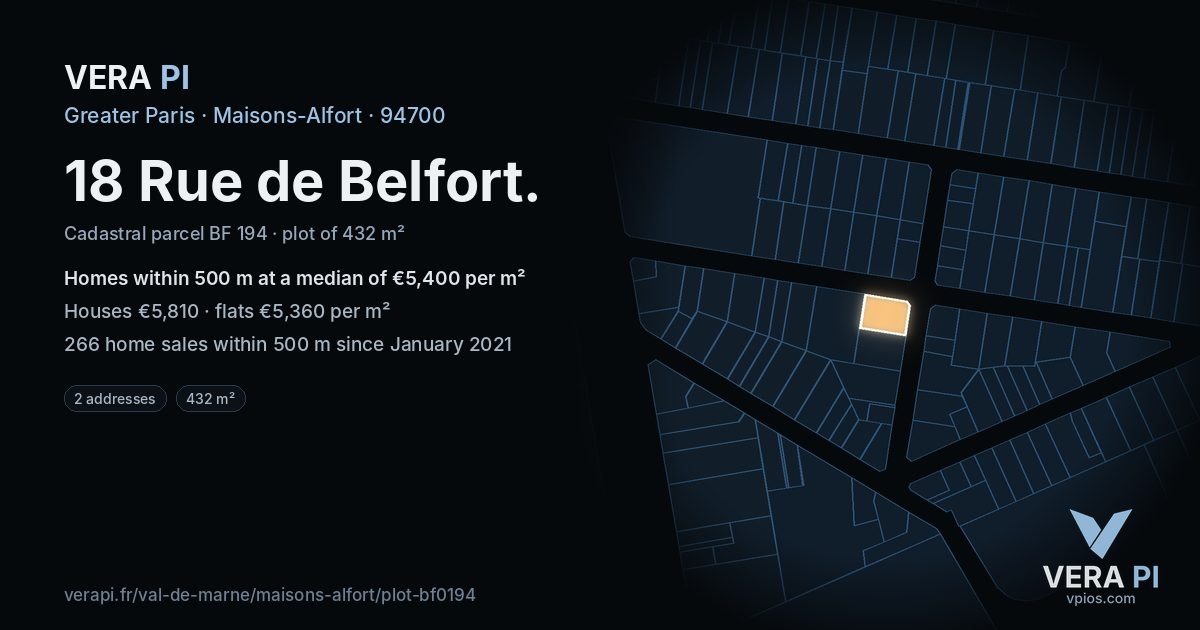18 Rue de Belfort, Maisons-Alfort at night – the plot lit, the parcels around coloured by the prices near them
