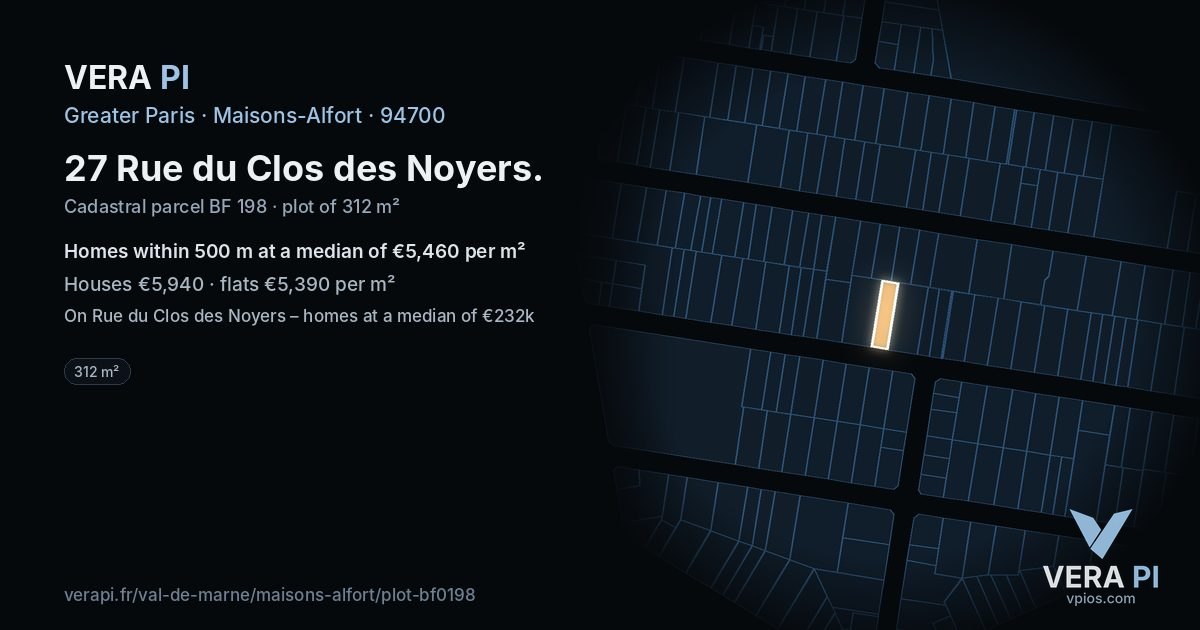 27 Rue du Clos des Noyers, Maisons-Alfort at night – the plot lit, the parcels around coloured by the prices near them