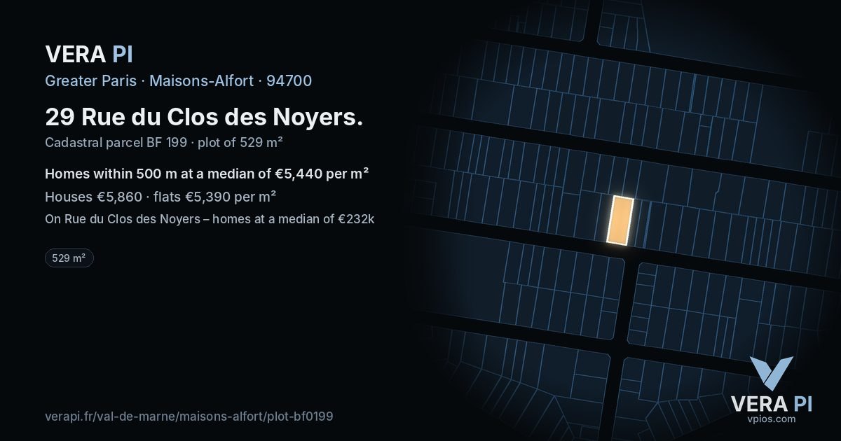 29 Rue du Clos des Noyers, Maisons-Alfort at night – the plot lit, the parcels around coloured by the prices near them