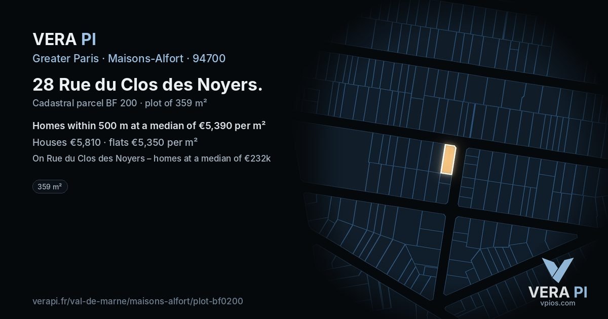 28 Rue du Clos des Noyers, Maisons-Alfort at night – the plot lit, the parcels around coloured by the prices near them