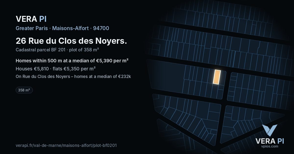 26 Rue du Clos des Noyers, Maisons-Alfort at night – the plot lit, the parcels around coloured by the prices near them