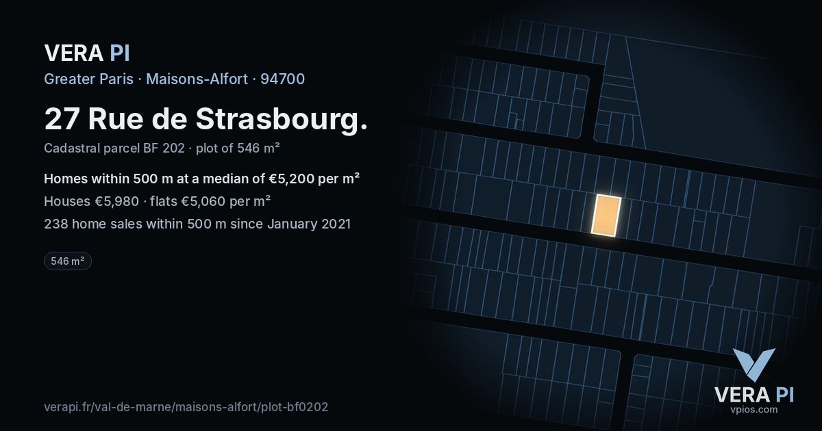 27 Rue de Strasbourg, Maisons-Alfort at night – the plot lit, the parcels around coloured by the prices near them