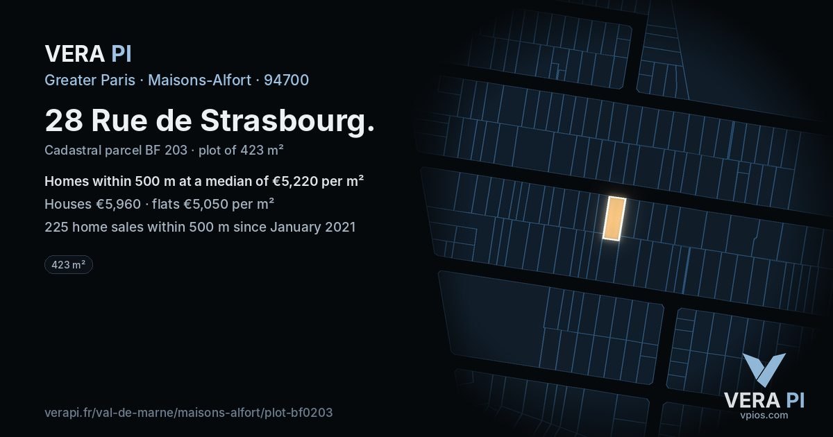 28 Rue de Strasbourg, Maisons-Alfort at night – the plot lit, the parcels around coloured by the prices near them