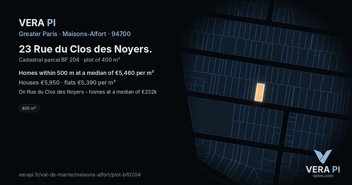 23 Rue du Clos des Noyers, Maisons-Alfort at night – the plot lit, the parcels around coloured by the prices near them