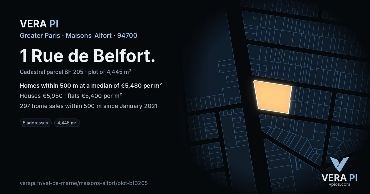 1 Rue de Belfort, Maisons-Alfort at night – the plot lit, the parcels around coloured by the prices near them