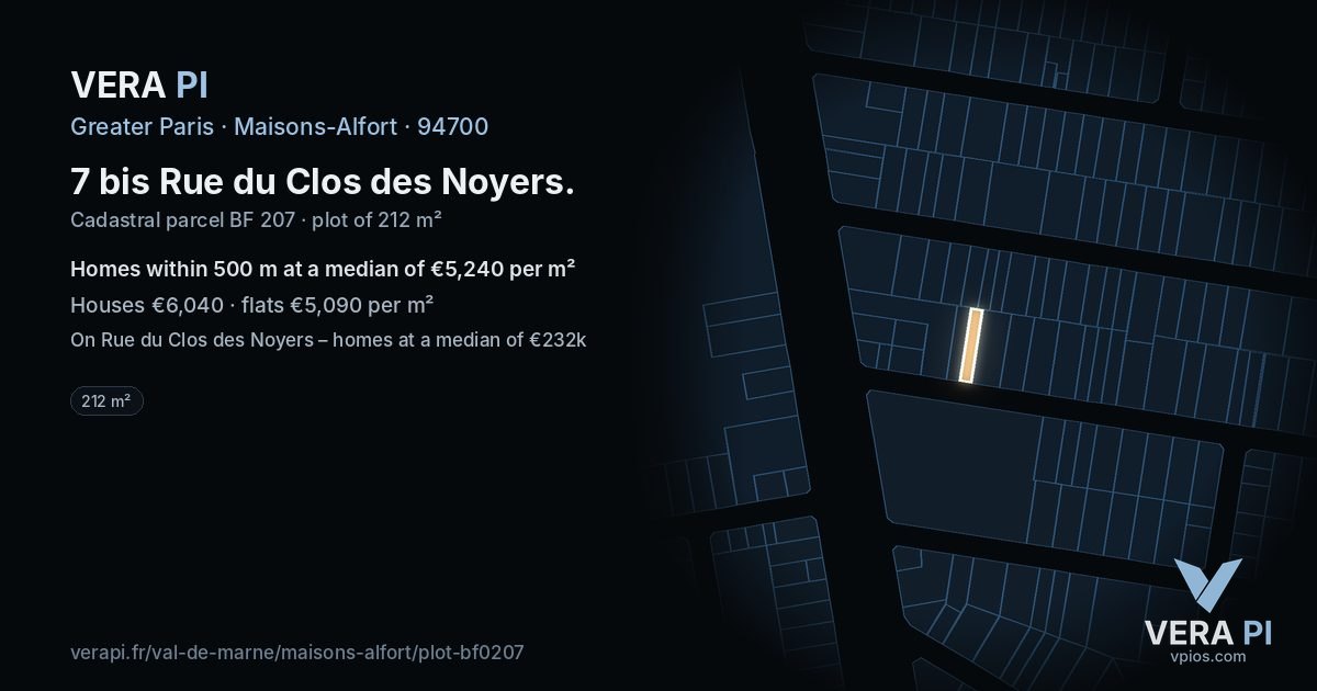 7 bis Rue du Clos des Noyers, Maisons-Alfort at night – the plot lit, the parcels around coloured by the prices near them