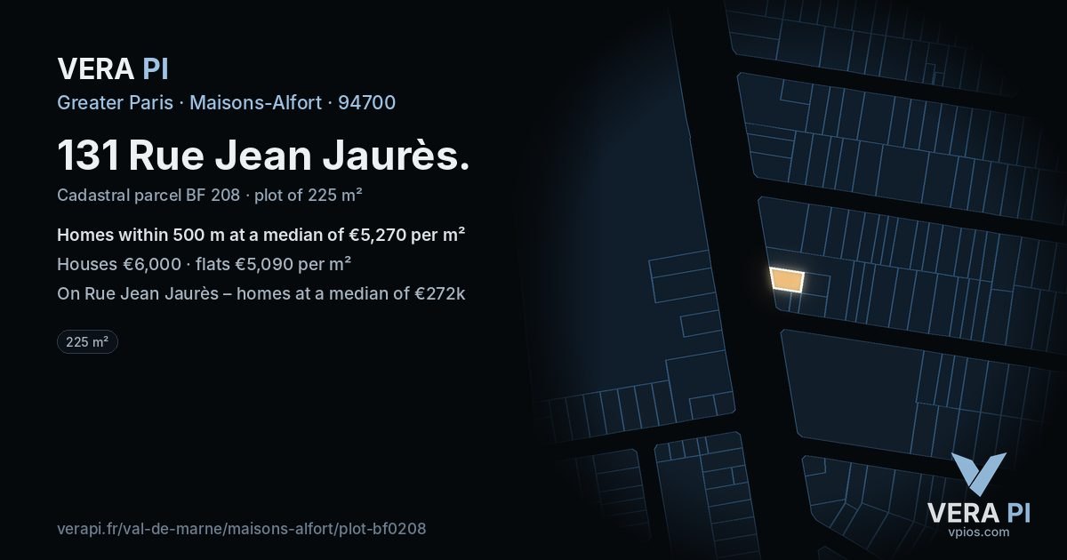 131 Rue Jean Jaurès, Maisons-Alfort at night – the plot lit, the parcels around coloured by the prices near them