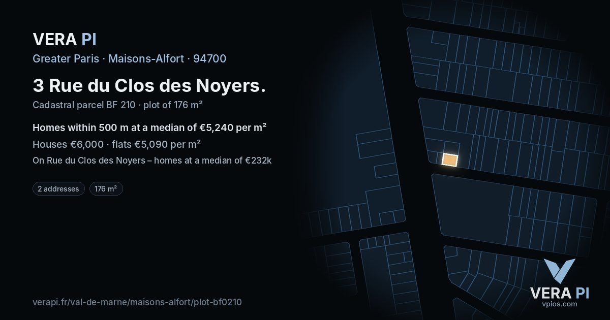 3 Rue du Clos des Noyers, Maisons-Alfort at night – the plot lit, the parcels around coloured by the prices near them