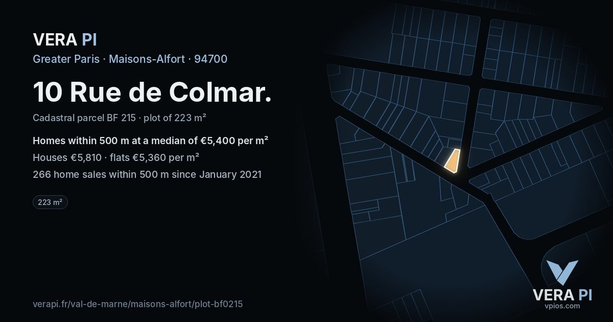 10 Rue de Colmar, Maisons-Alfort at night – the plot lit, the parcels around coloured by the prices near them