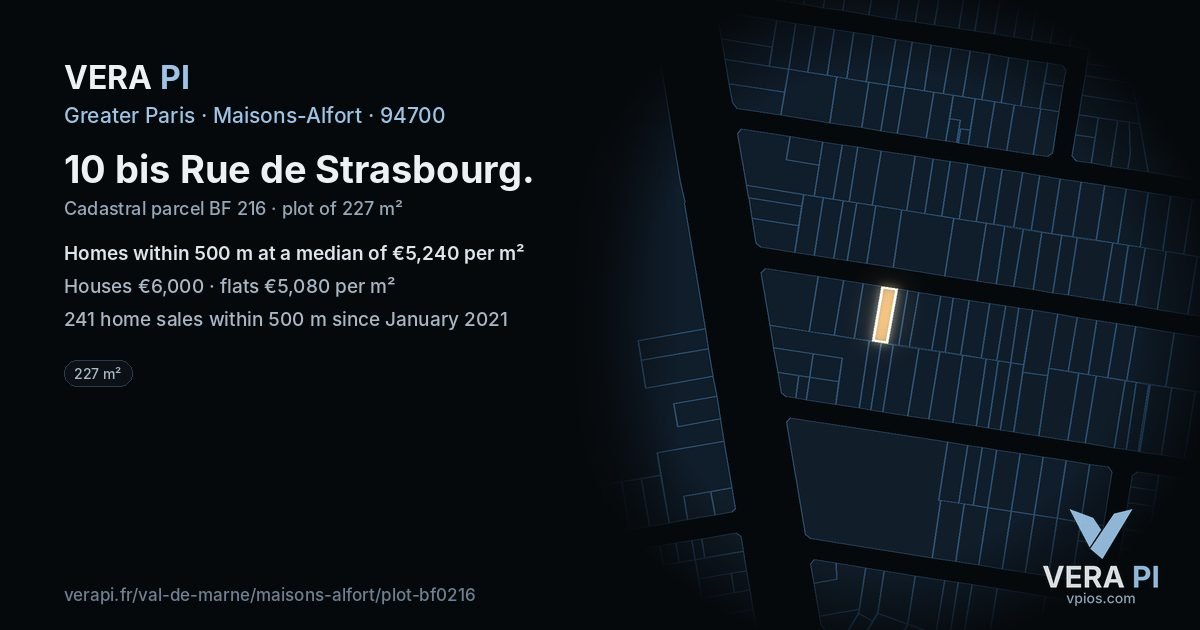 10 bis Rue de Strasbourg, Maisons-Alfort at night – the plot lit, the parcels around coloured by the prices near them