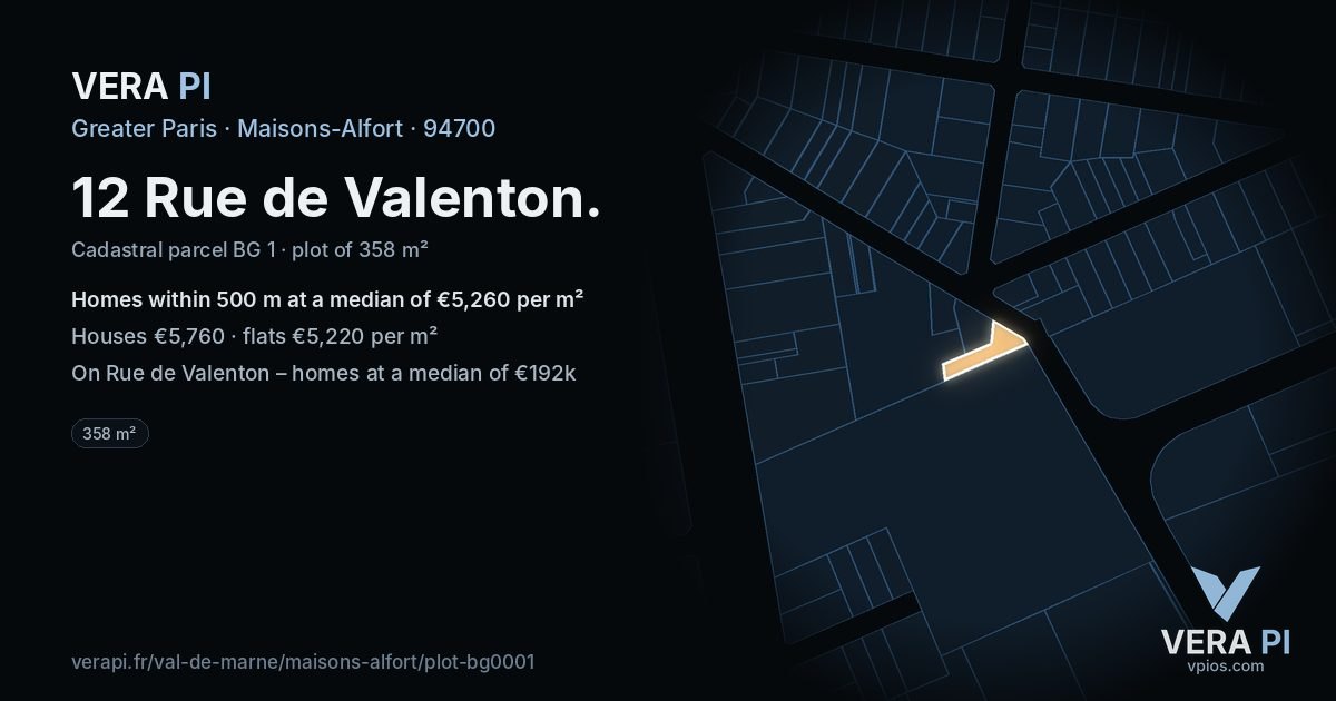 12 Rue de Valenton, Maisons-Alfort at night – the plot lit, the parcels around coloured by the prices near them