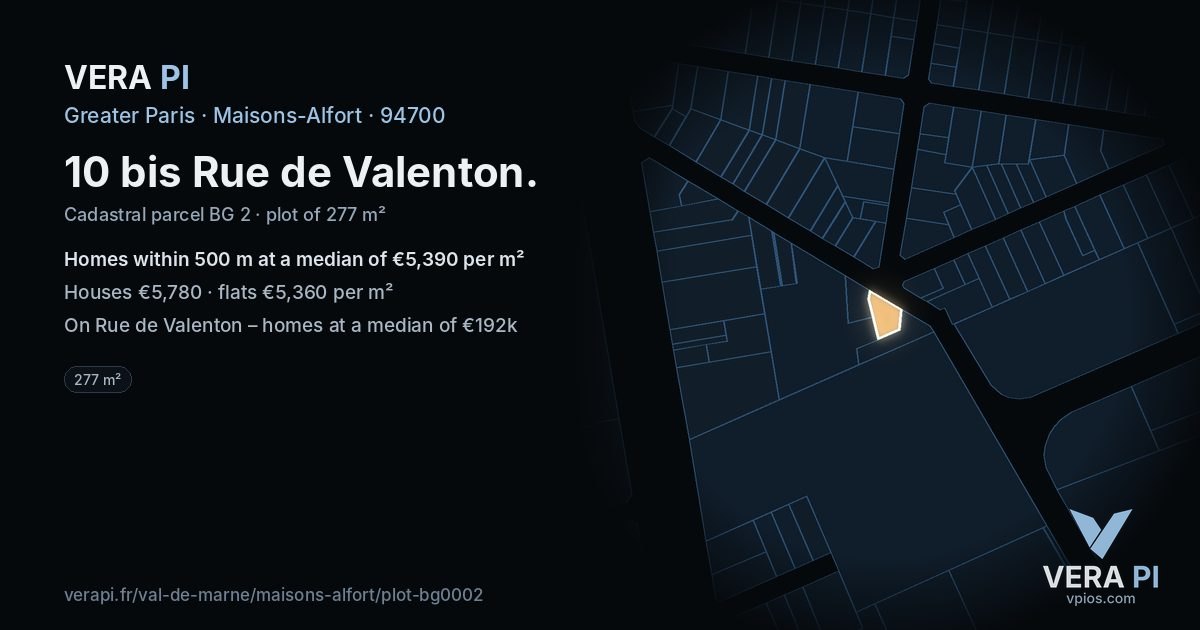 10 bis Rue de Valenton, Maisons-Alfort at night – the plot lit, the parcels around coloured by the prices near them
