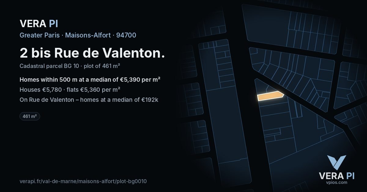 2 bis Rue de Valenton, Maisons-Alfort at night – the plot lit, the parcels around coloured by the prices near them