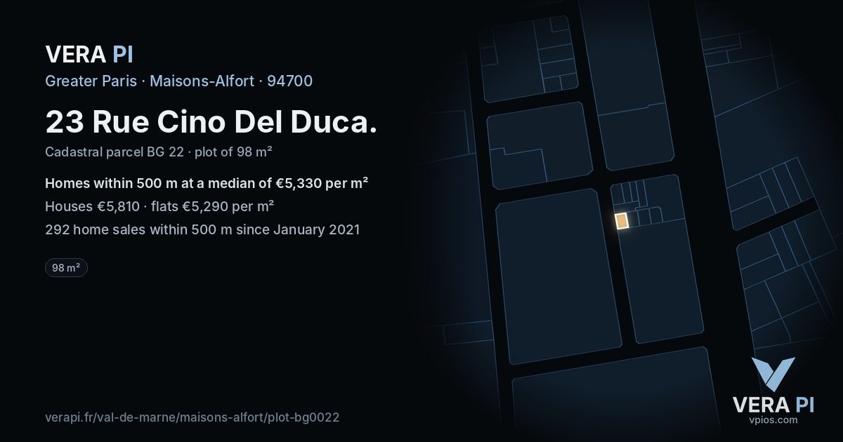 23 Rue Cino Del Duca, Maisons-Alfort at night – the plot lit, the parcels around coloured by the prices near them