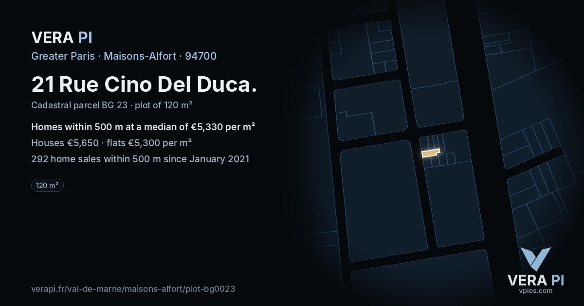 21 Rue Cino Del Duca, Maisons-Alfort at night – the plot lit, the parcels around coloured by the prices near them