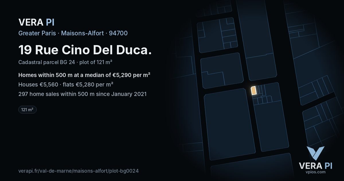 19 Rue Cino Del Duca, Maisons-Alfort at night – the plot lit, the parcels around coloured by the prices near them