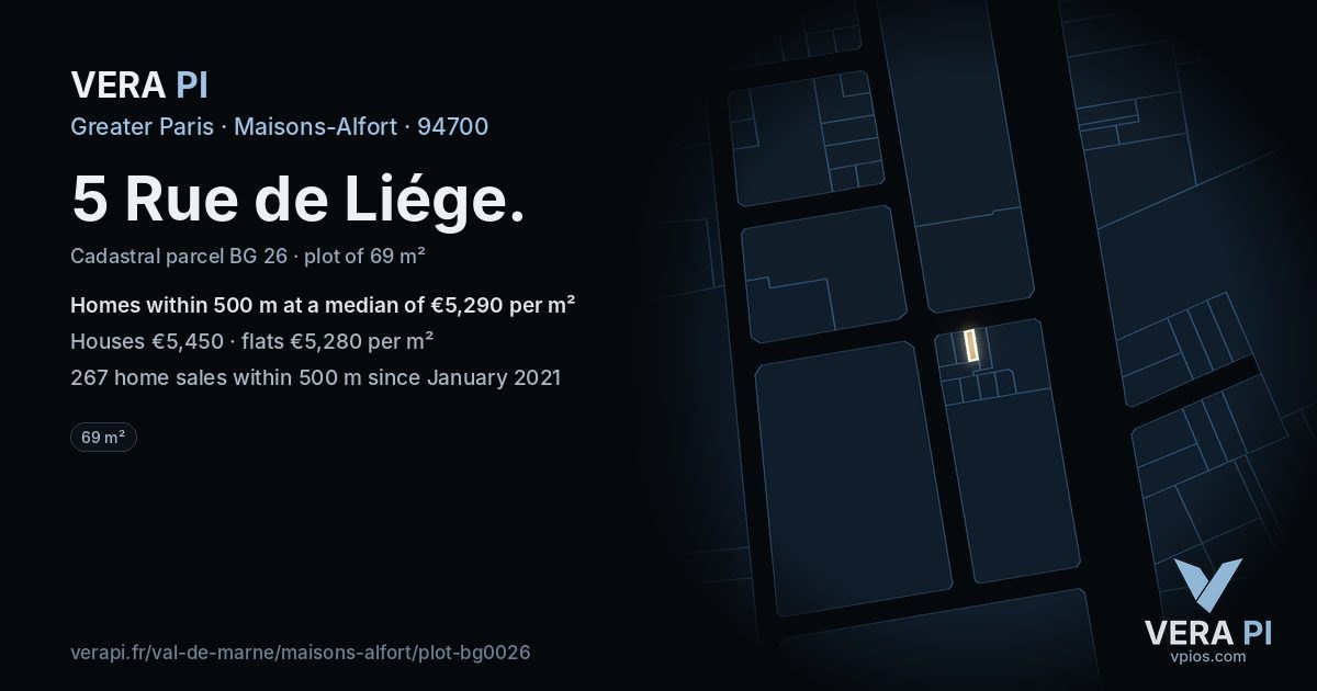 5 Rue de Liége, Maisons-Alfort at night – the plot lit, the parcels around coloured by the prices near them