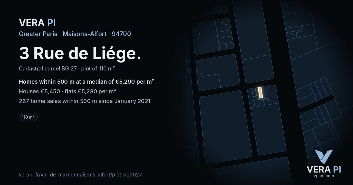 3 Rue de Liége, Maisons-Alfort at night – the plot lit, the parcels around coloured by the prices near them