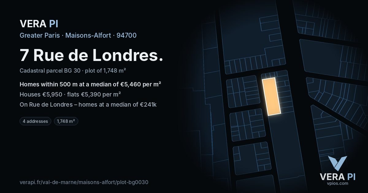 7 Rue de Londres, Maisons-Alfort at night – the plot lit, the parcels around coloured by the prices near them