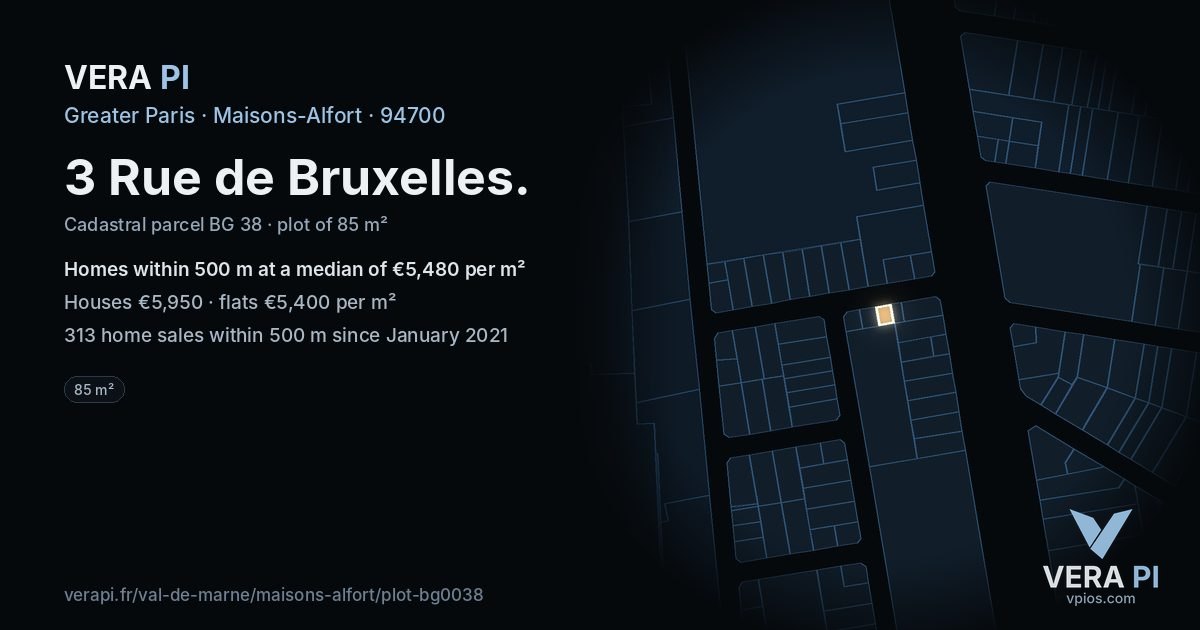 3 Rue de Bruxelles, Maisons-Alfort at night – the plot lit, the parcels around coloured by the prices near them