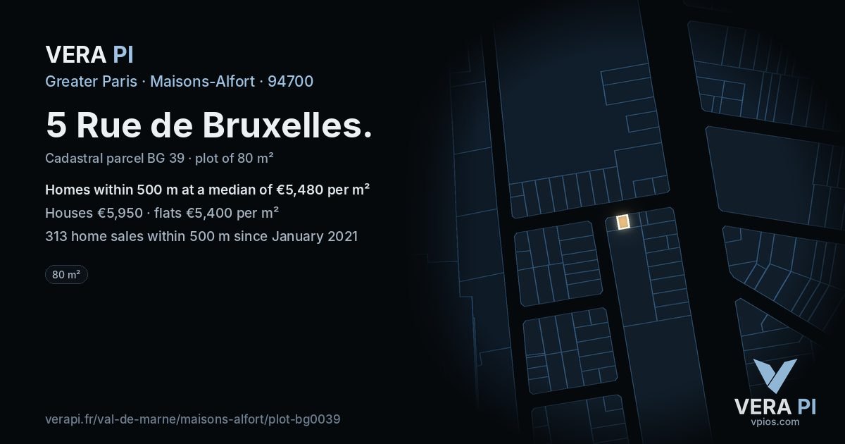 5 Rue de Bruxelles, Maisons-Alfort at night – the plot lit, the parcels around coloured by the prices near them