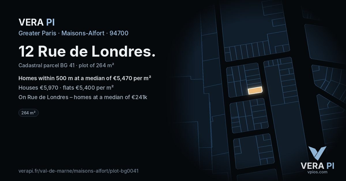 12 Rue de Londres, Maisons-Alfort at night – the plot lit, the parcels around coloured by the prices near them